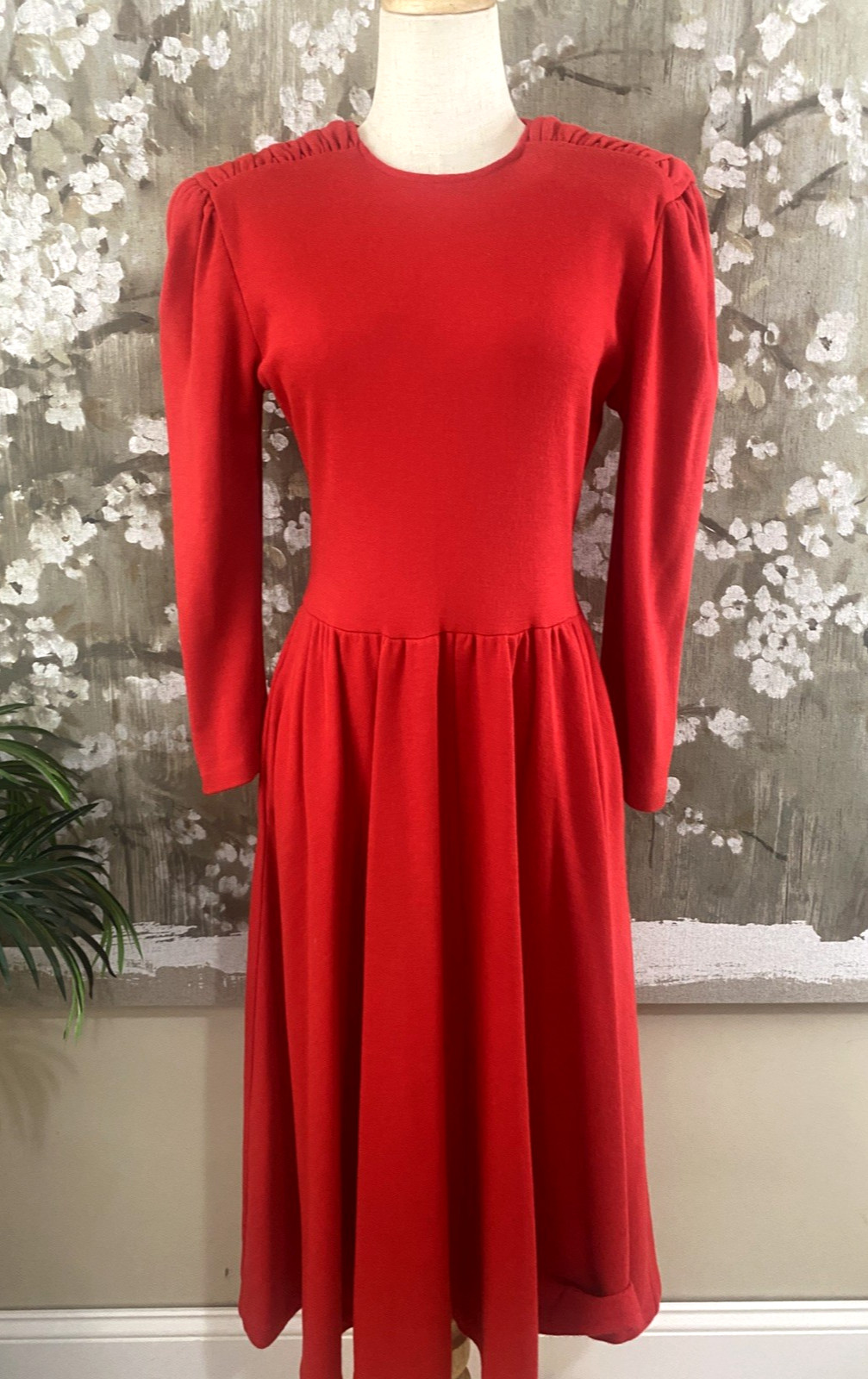VTG EXPO True Red Fit Flare Full Skirt Midi Pockets Office Secretary Dress M-L