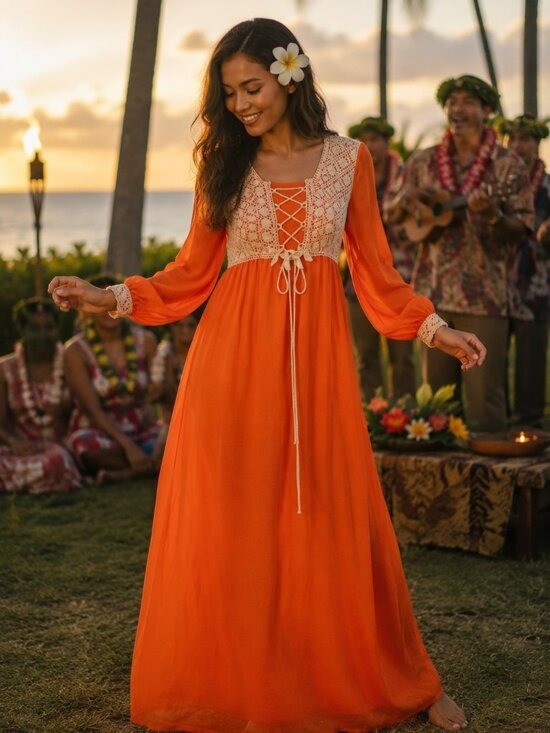 Vtg 60s Cole Of Columbus Orange Lace Up Corset Chiffon Hostess Maxi Dress