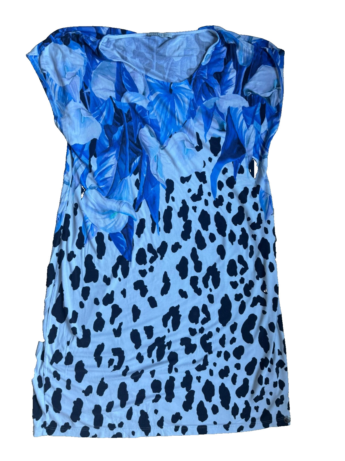 Louis Féraud dress jersey blue white size 40/42 designer print viscose Paris