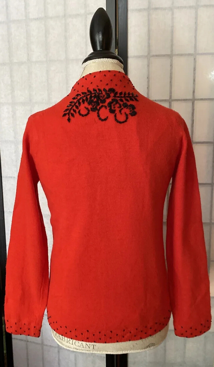 Vintage 40/50’s Stunning Red Blk Beaded Embellish Sweater 38=M/L (36” Bust)