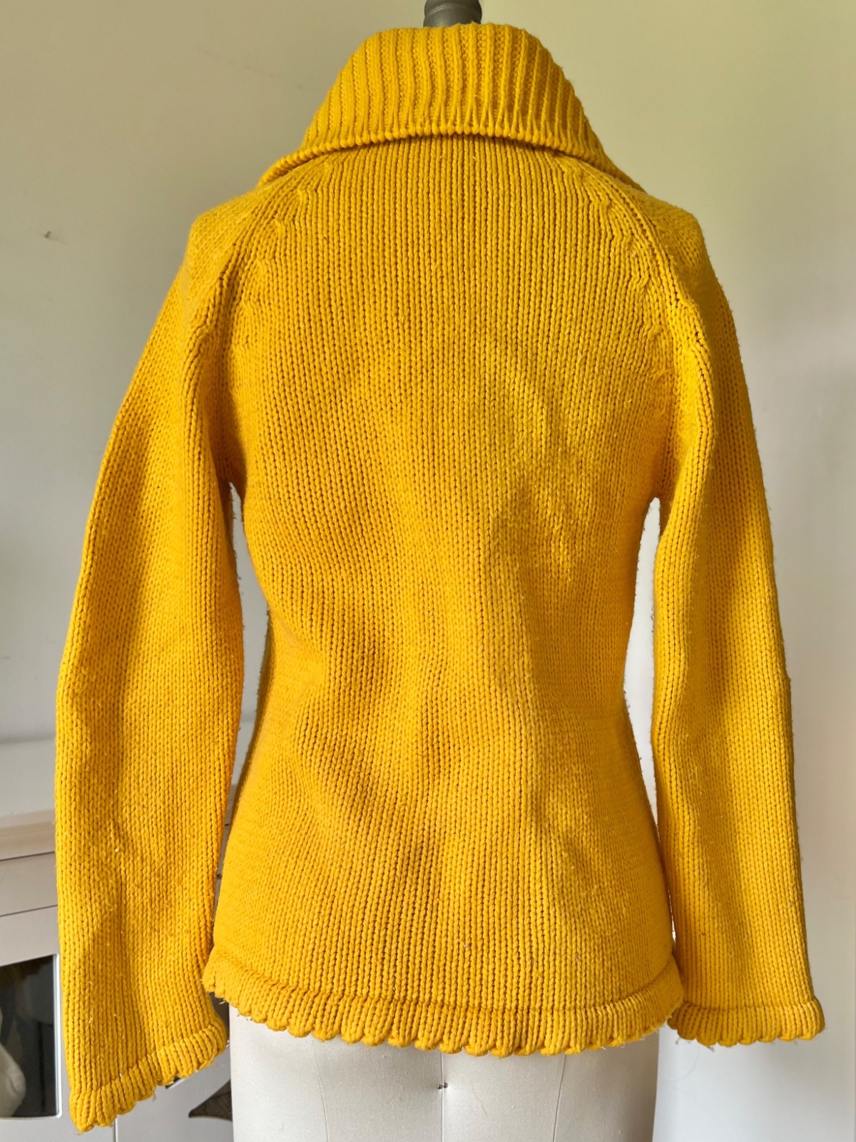 Vintage Hand Knit Mustard Yellow Button Up Sweater Chunky Cardigan
