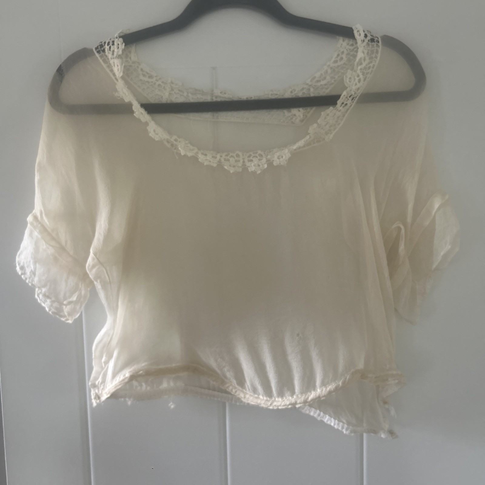 Antique Edwardian Sheer Chiffon Short Sleeve Blouse Lace Trim Snap Side…Flaws