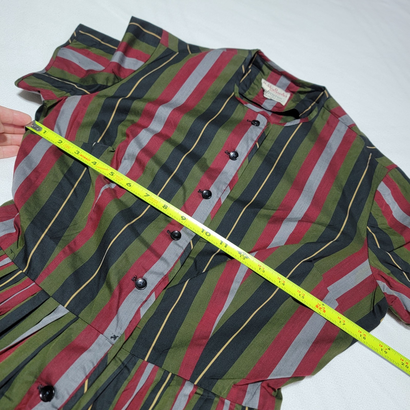 Vintage Bobbie Brooks 60s Striped Day Dress Red Black Green Grey Women Size S/6