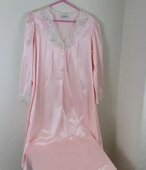 Vtg Natori Pink Satin Lace Pearl Nightgown