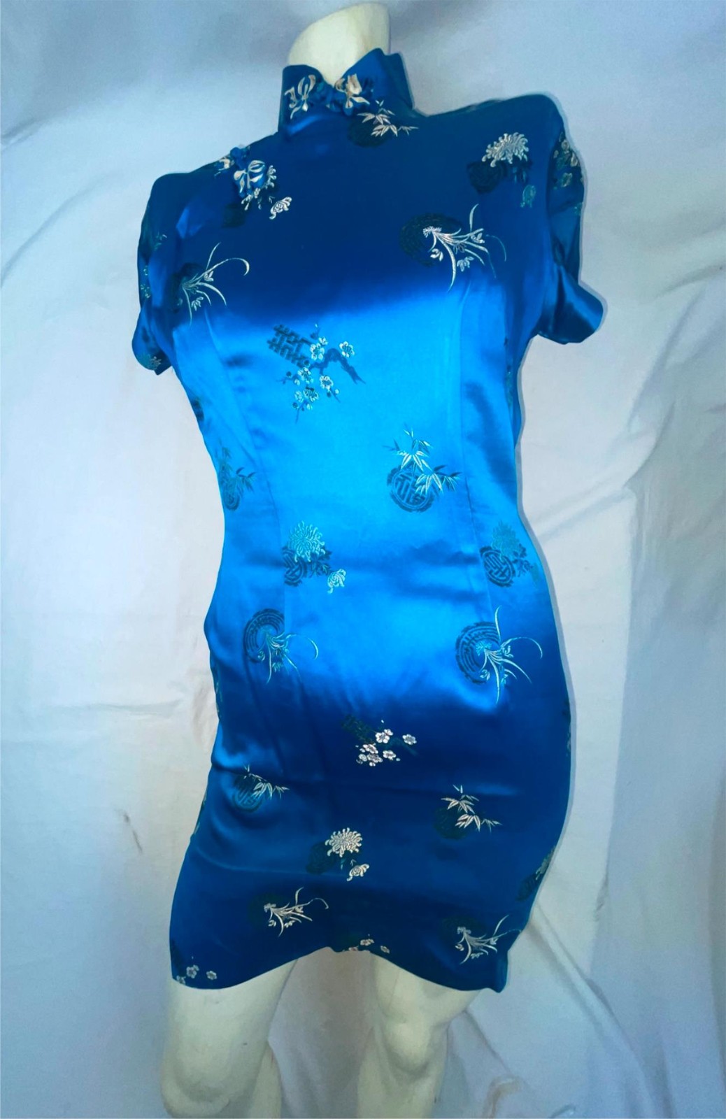 VTG 60S WOMENS S BLUE ASIAN ORIENTAL SHORT MINI SATIN SILK QIPAO CHEONGSAM DRESS