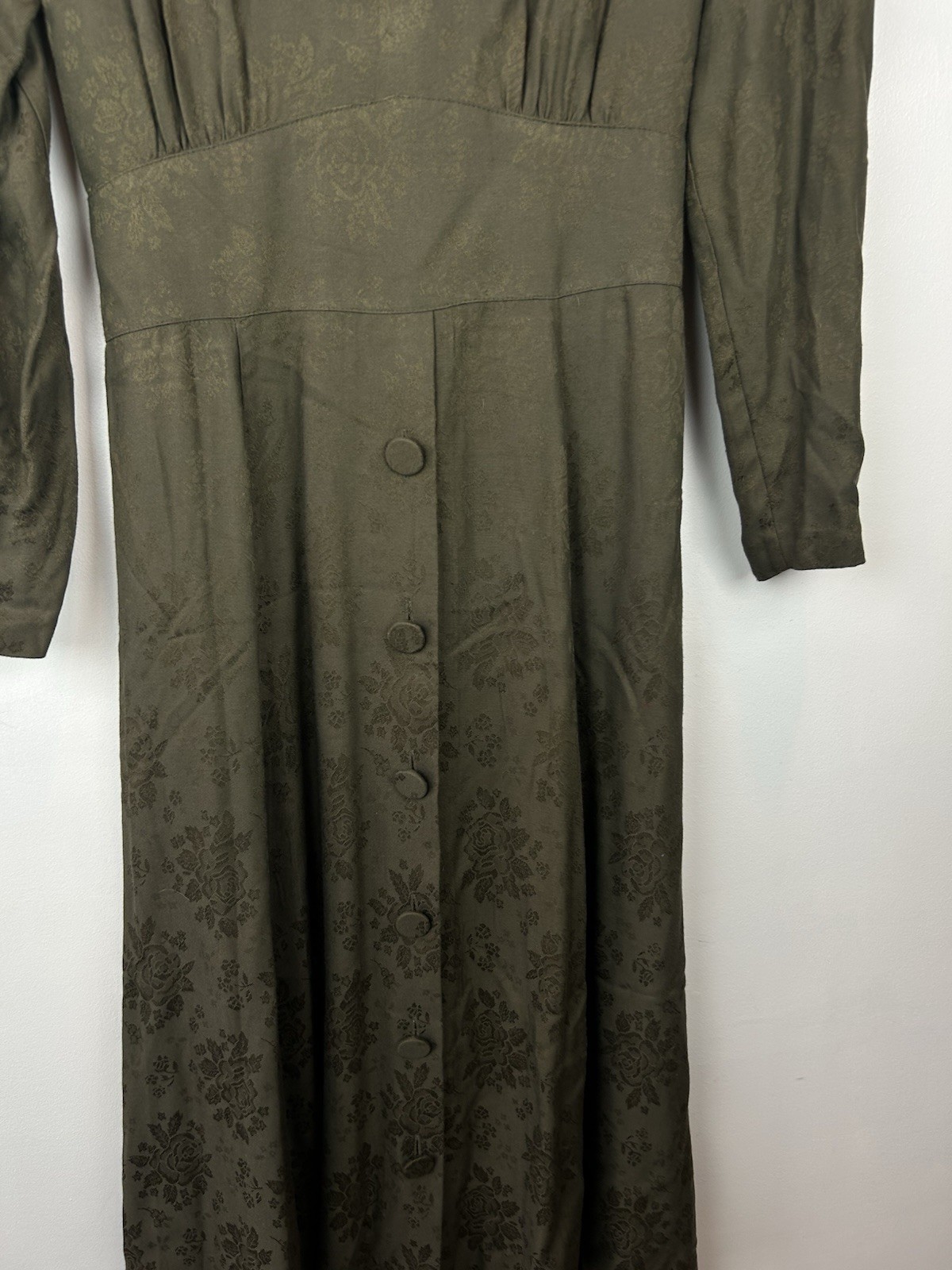 80s Vintage Dress Green Tapestry Print Midi Lace Collar Read