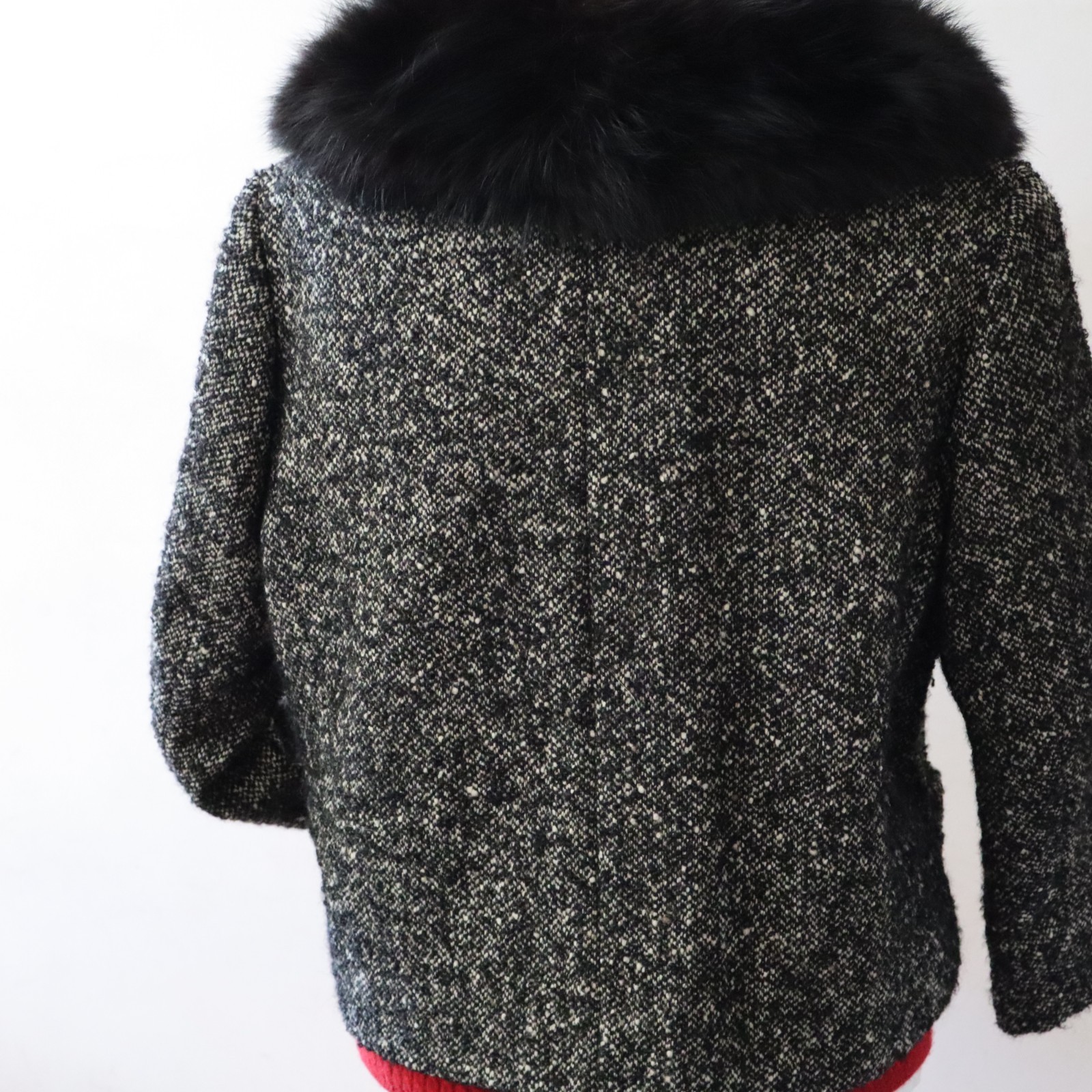 Vtg Jobis High Class Black Tweed Jacket w Black Fur Collar Sz Small Germany