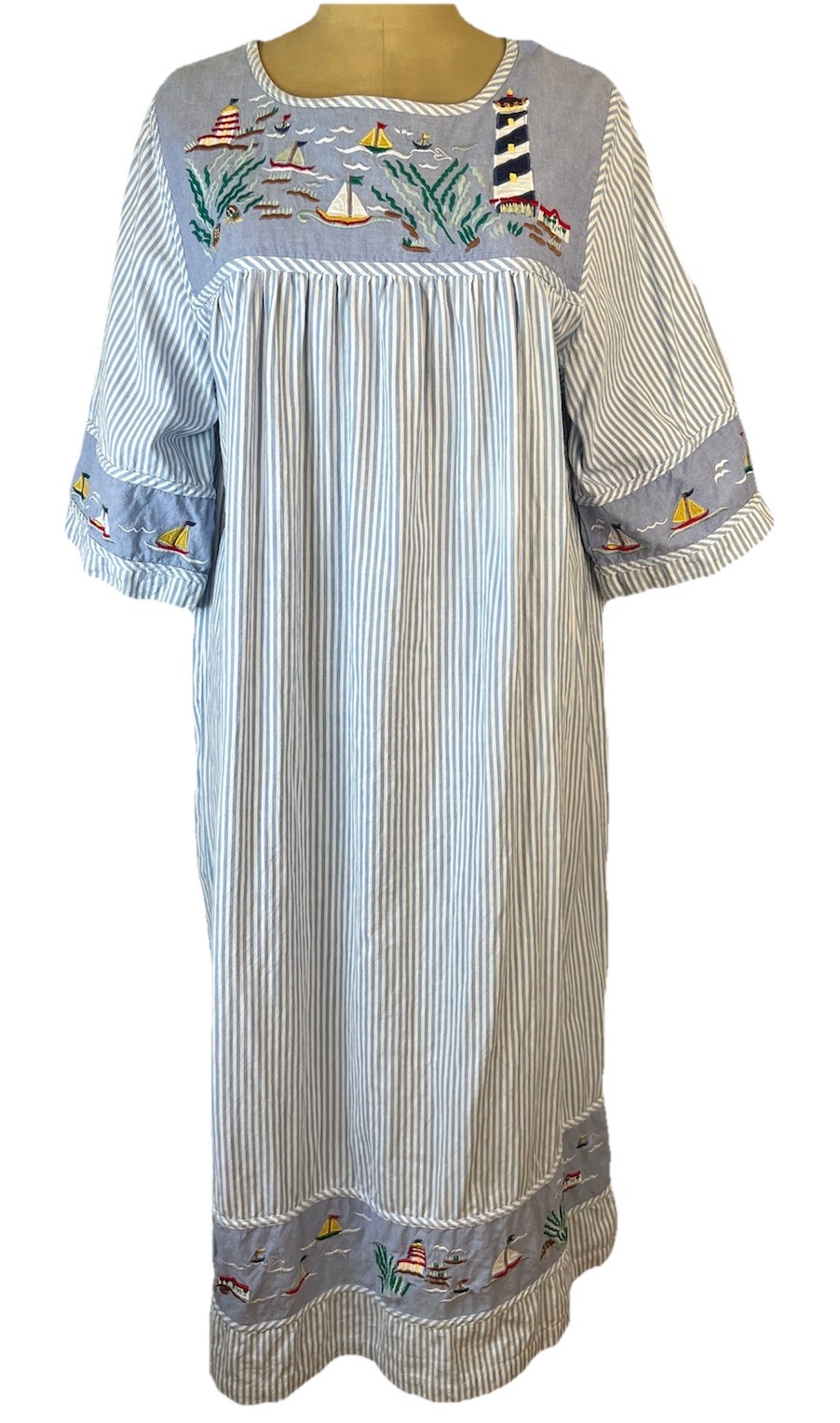 The Quacker Factory Grannycore Hickory Stripe Muumuu W/ Nautical Embroidery L