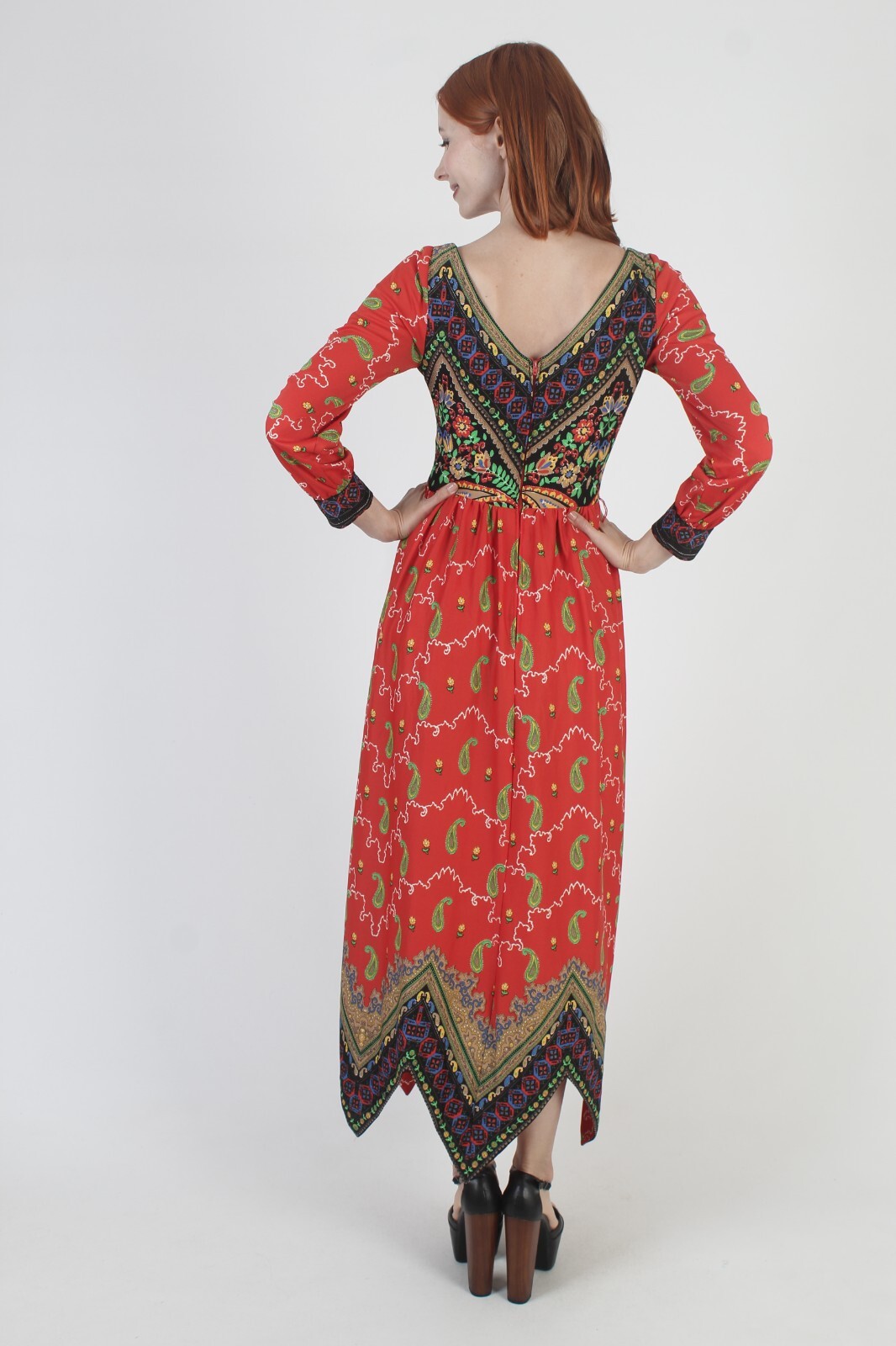 Vtg Colorful Asym Hanky Hem Dress High Low Handkerchief Tapestry Cocktail Party