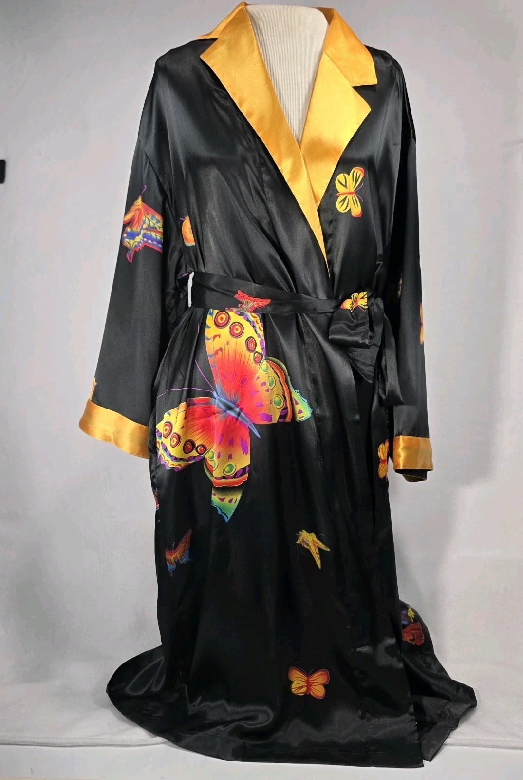 Vintage Butterfly Satin Kimono Classic Gown Robe Yellow/Black South Korea NWT!