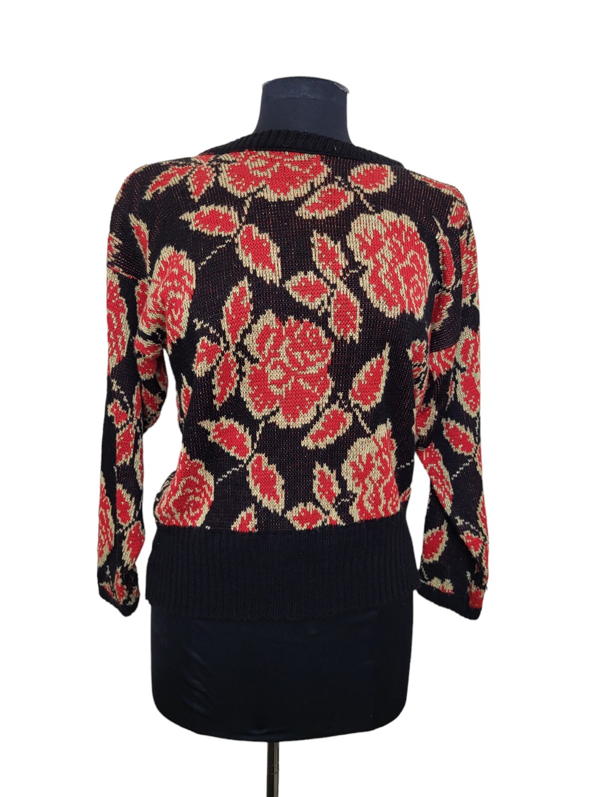 Vintage 80’s Sunshine Starshine Acrylic Sweater Red Roses Black Gold USA Size M