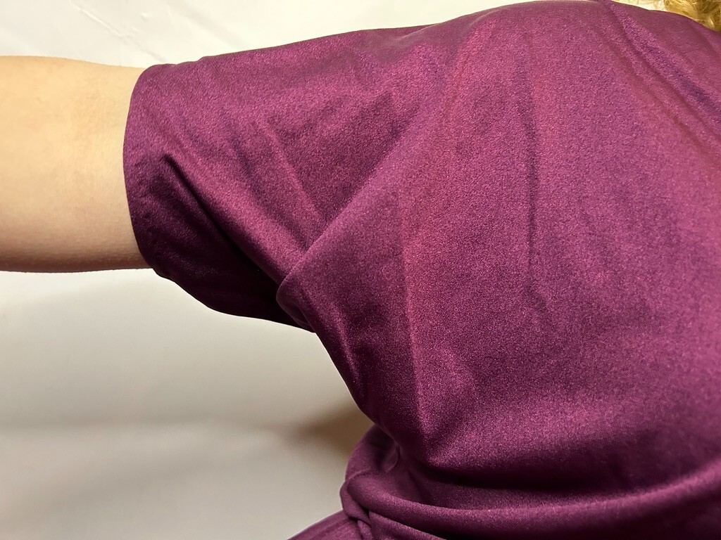 Vintage 1980s Purple Mauve Slinky Blouson Dress Belt Tie Yoke Midi Evening AU 14