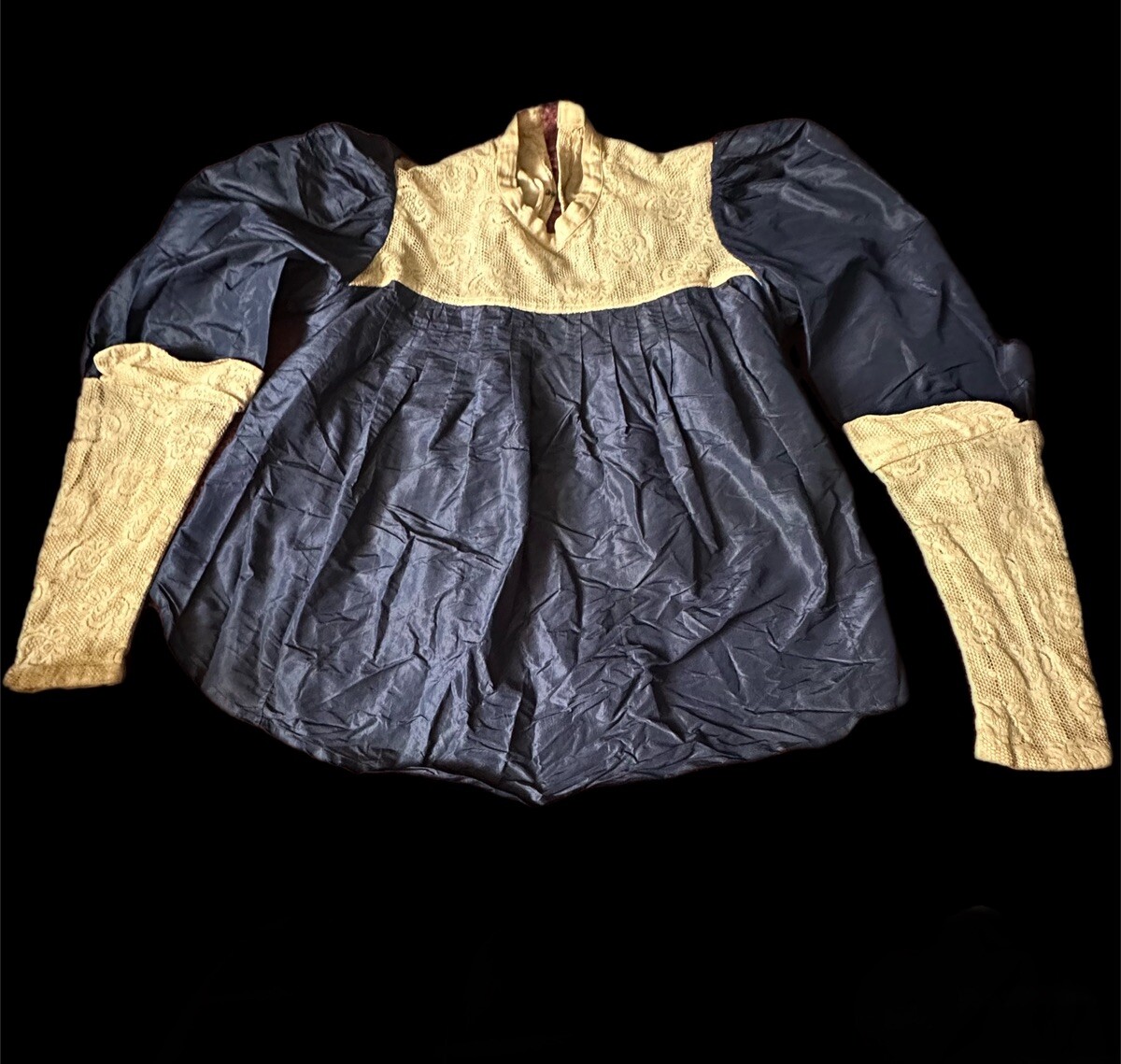 Antique Edwardian Ladies Girls Jacket Shirt Blue Tan Lace Taffeta? Small XS READ