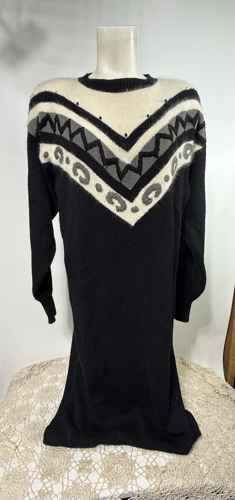 Vintage 80s Yarnworks Geometric Sweater Dress Black Cream Shoulder Pads L Career