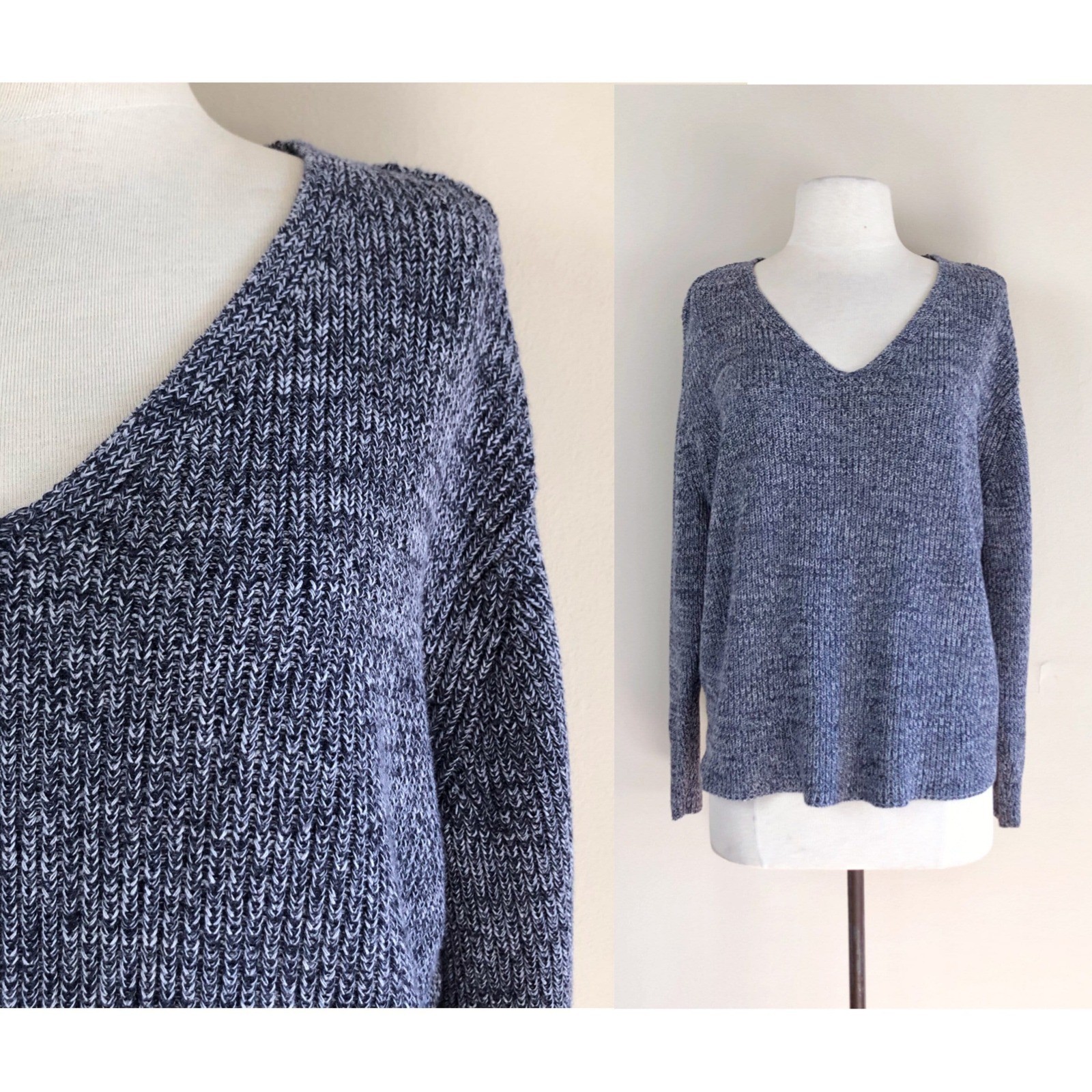 vintage 90s variegated navy white sweater heather cotton boxy knit top 1990s