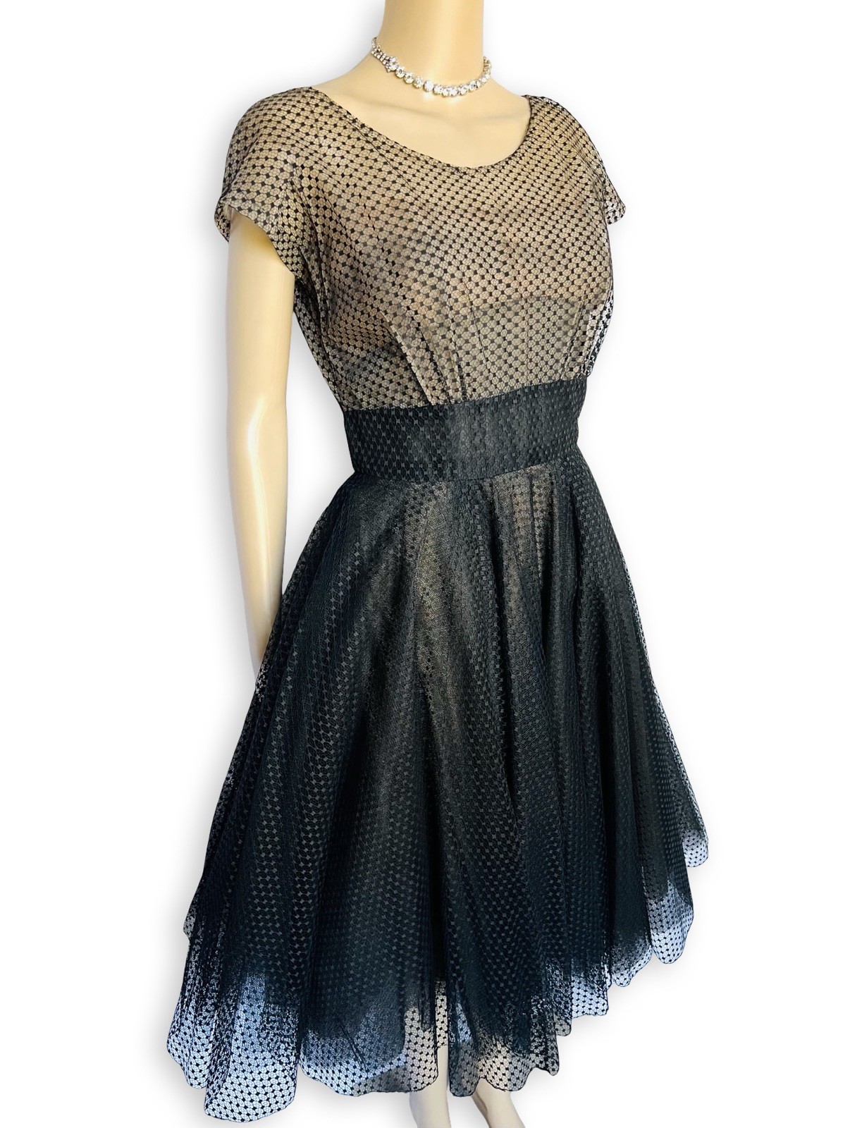 Vintage Nettie Rosenstein Bonwit Teller 1950s Nude Illusion Black Tulle Dress