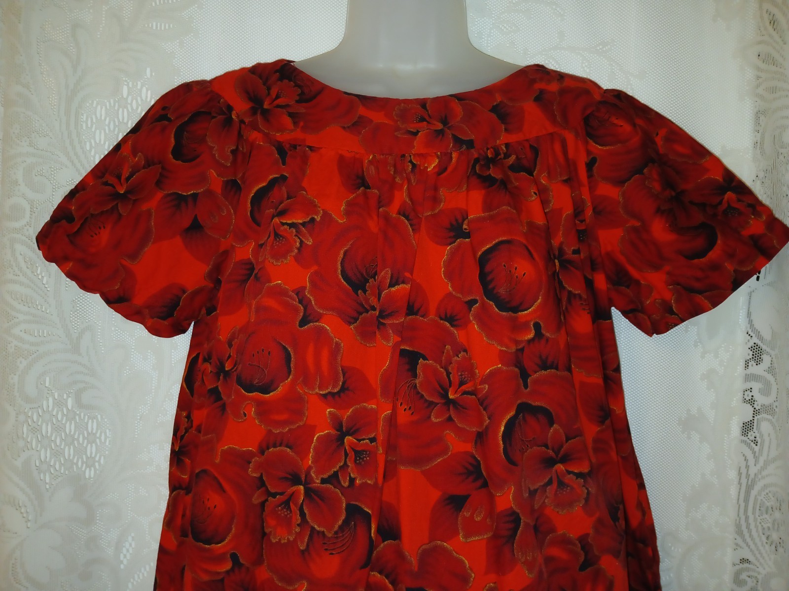 Vintage 70s Hawaiian Red Floral Cotton Muumuu Caftan Tiki Oasis Dress M/L