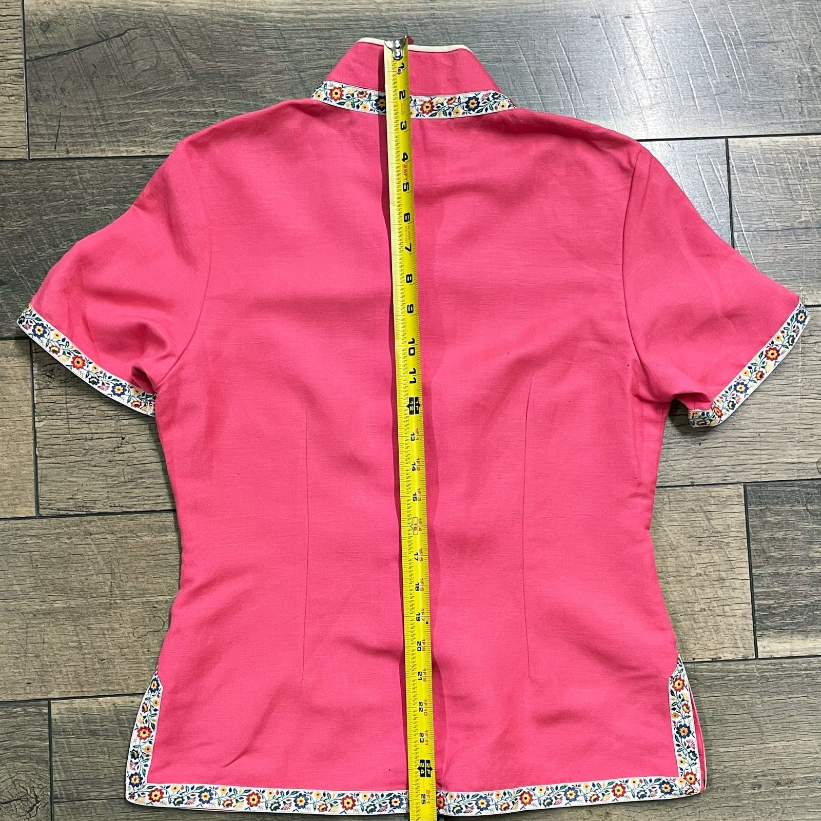 Vintage 90s Chinese Blouse Pink Floral Trim Frog Buttons Size Small