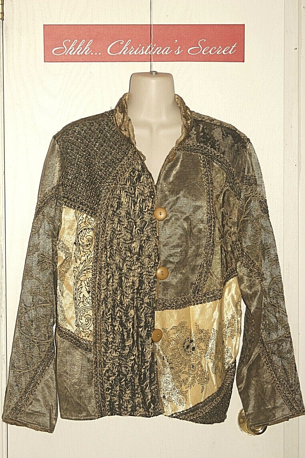 VINTAGE FLASHBACK Jacket Beige Black Boho Patchwork Jacquard Embellished Sz M