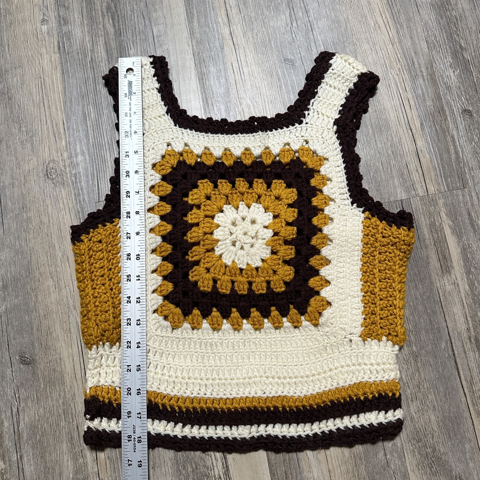 Vtg 1970s Handmade Crochet Vest Tank Cropped Yellow Brown Cream Granny Square