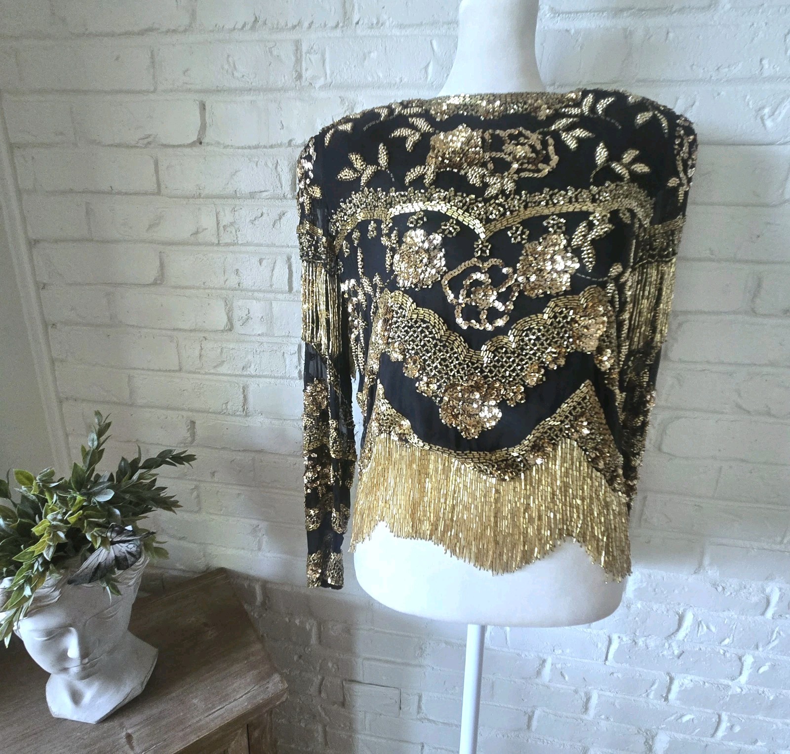 Vtg 80s 100%Silk Gold Embellished Top By Black Tie, S, Party, Formal