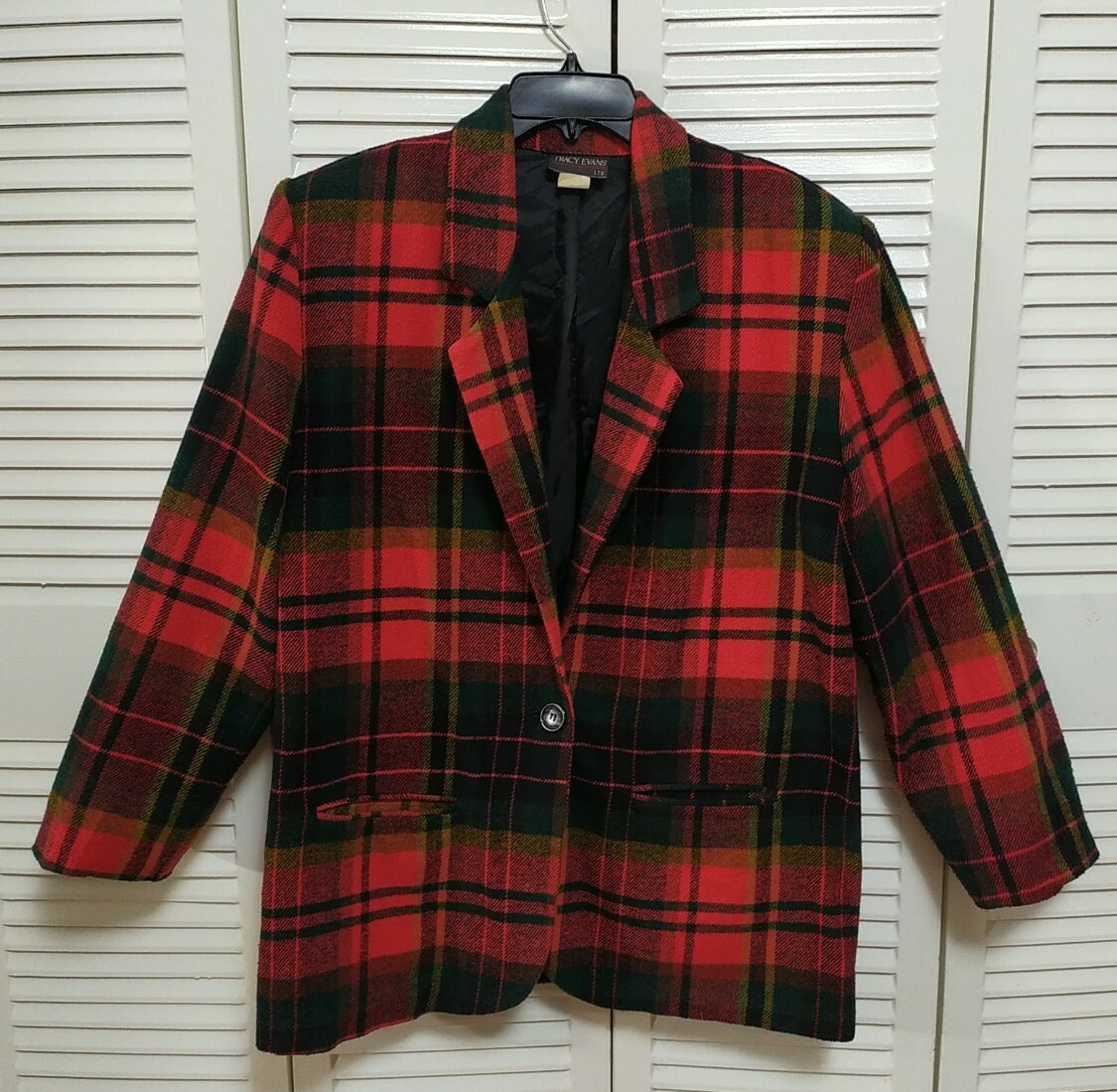 Vintage 80s Tracy Evans Red Plaid Blazer Jacket Medium 22.5″Arm, 31″ L, 18″ S/S