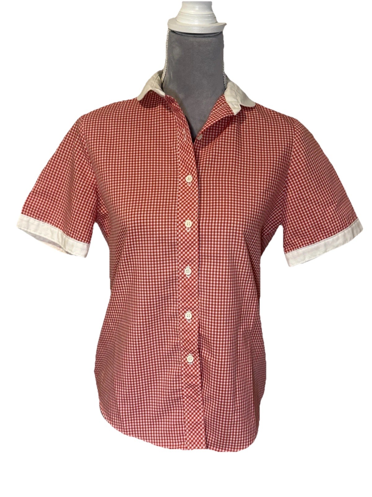 Vintage 70s 80s Shapely Brand Red & White Gingham Top Shirt Button up Women 10