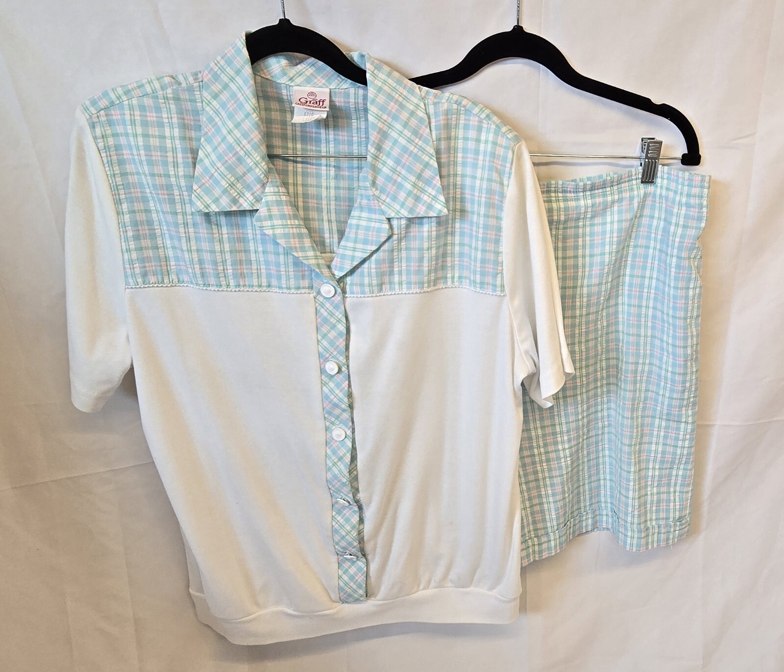 Vintage Graff Californiawear Shirt & Short Set, Size L/12, Blue Plaid & White