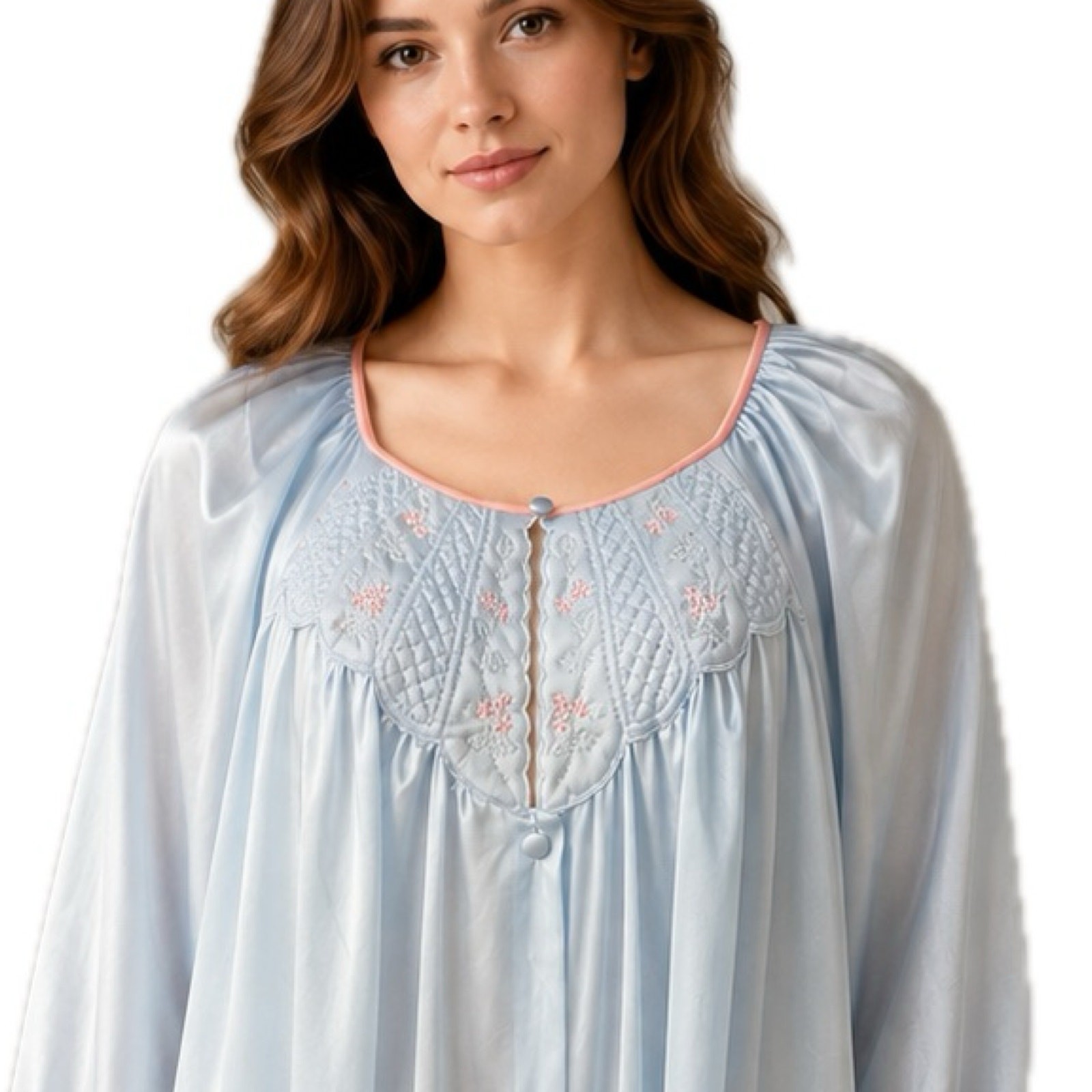 Vintage Vanity Fair Blue Nylon Nightgown Robe M Embroidered Floral USA ^