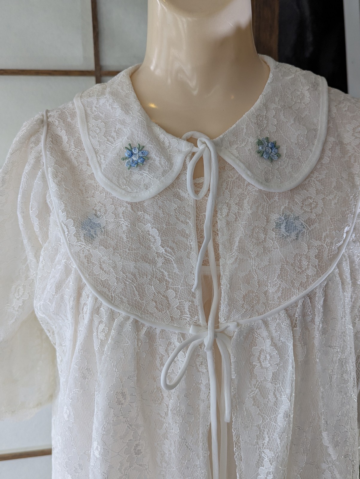 Vtg GMC Peignoir Robe Gown Lingerie Set White Chiffon Chantilly Lace Sz M 1960s