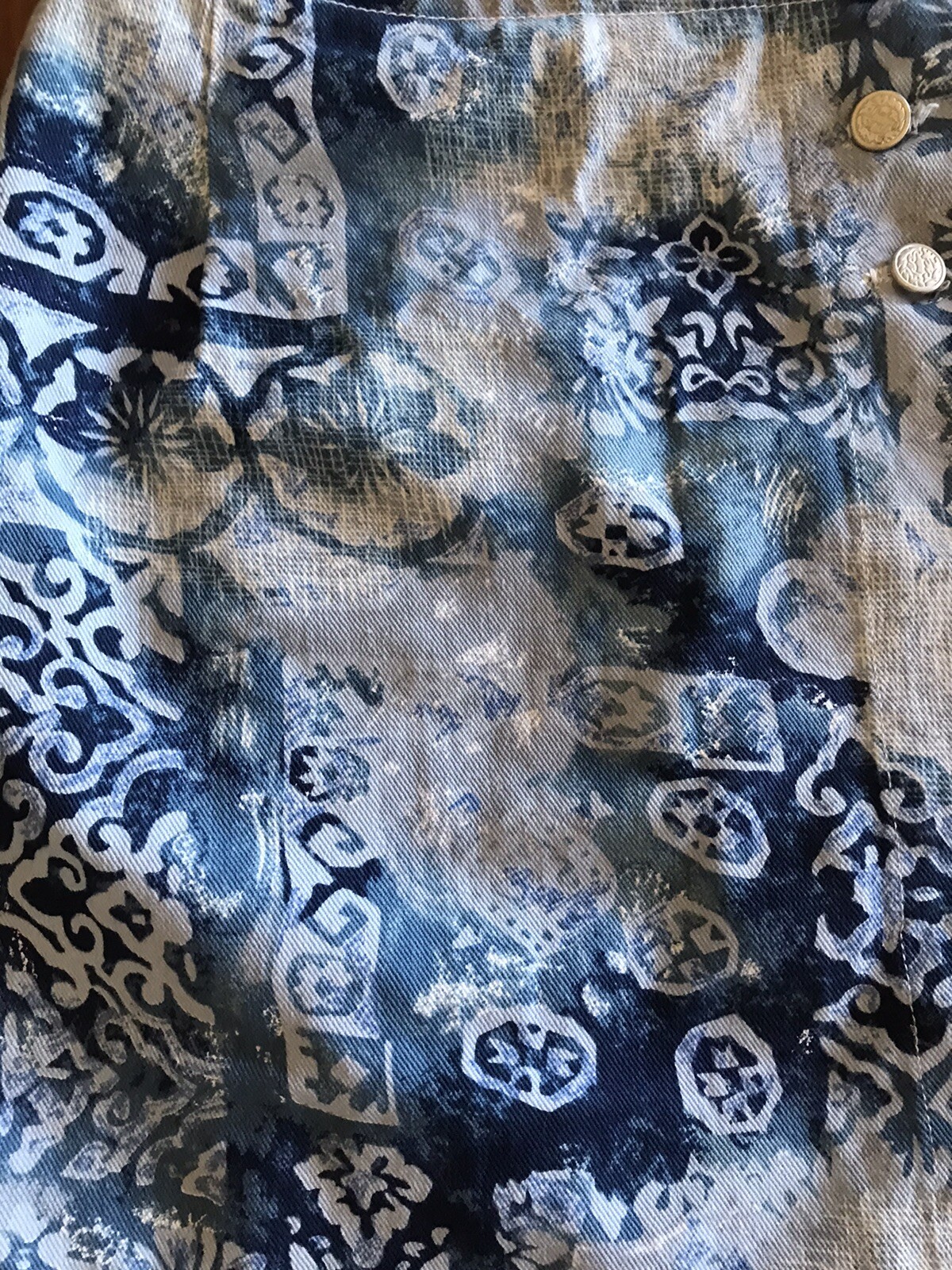 vtg 90s printed tribal denim abstract mini skirt wrap style