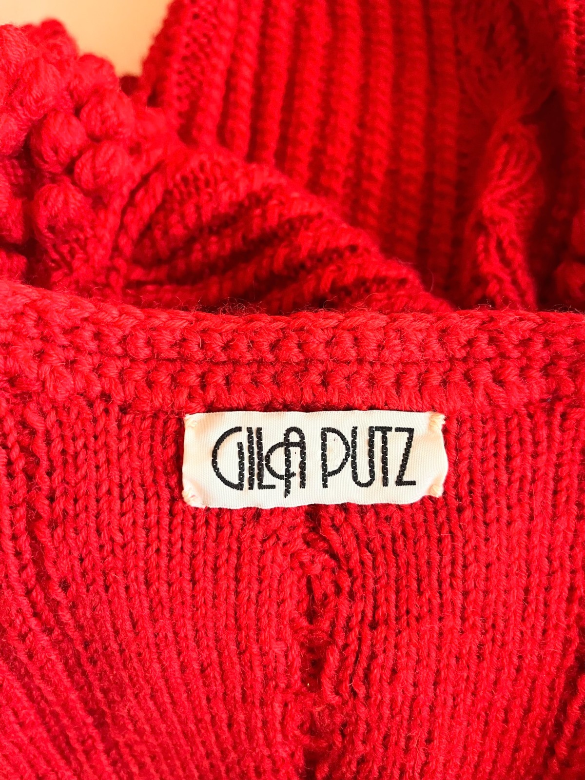 Vintage Gilca Putz Thick Wool Red Cardigan Sweater Pom Poms