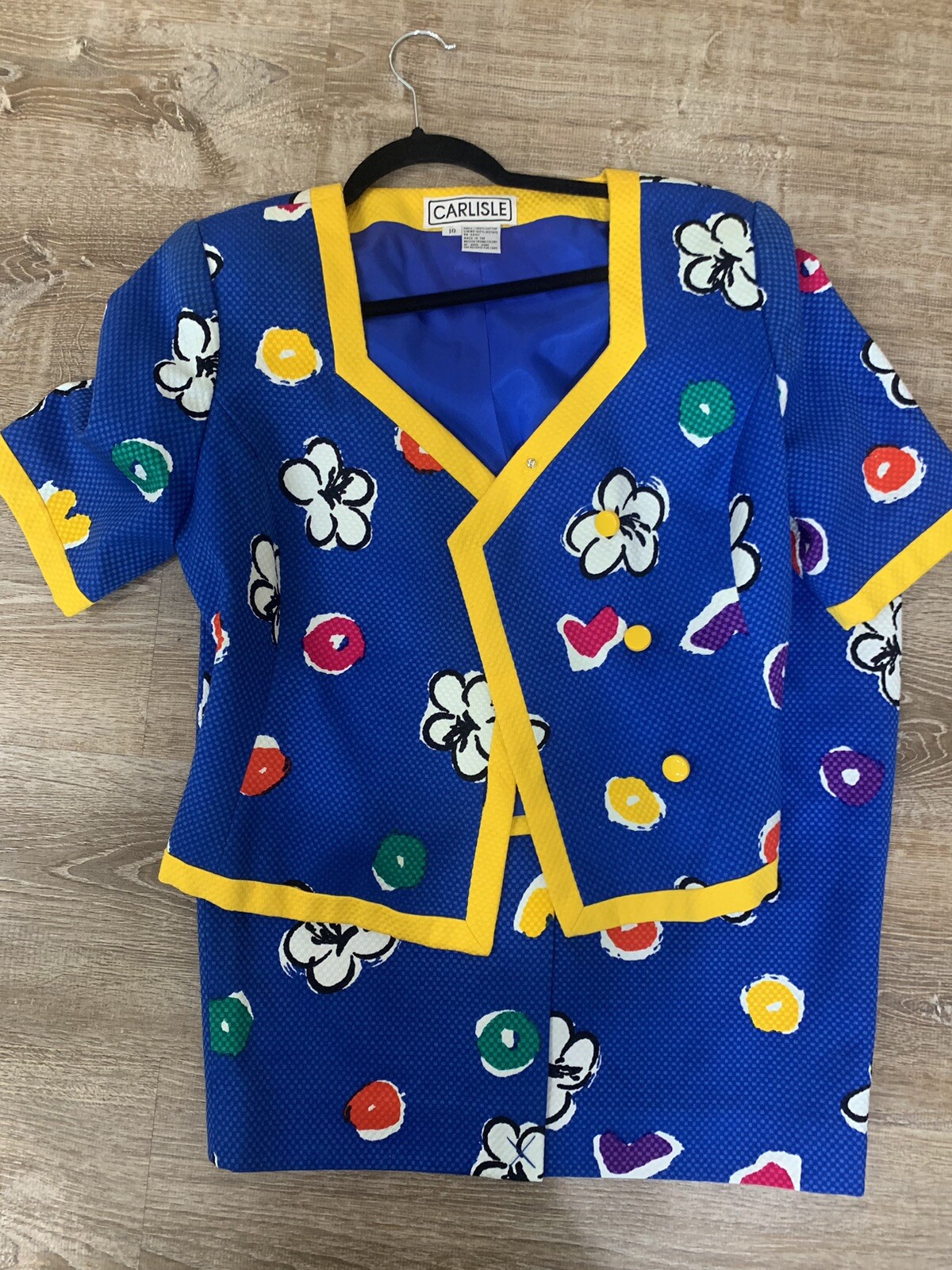 VINTAGE 1980s CARLISLE Blue/ Yellow Suit 2-Piece Jacket Sz 10 & Skirt SZ 12