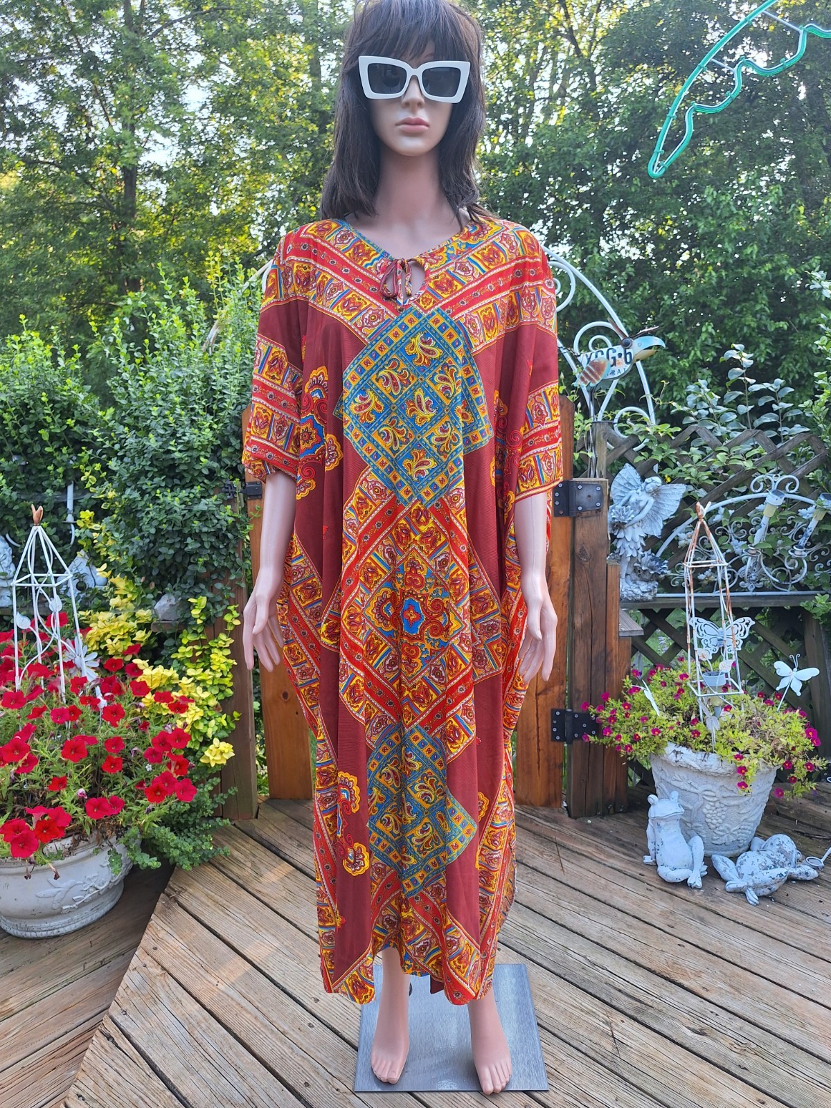 True VTG Mid-century MOD 1960s 1970s Paisley Caftan Hostess Maxi Dress Hippie