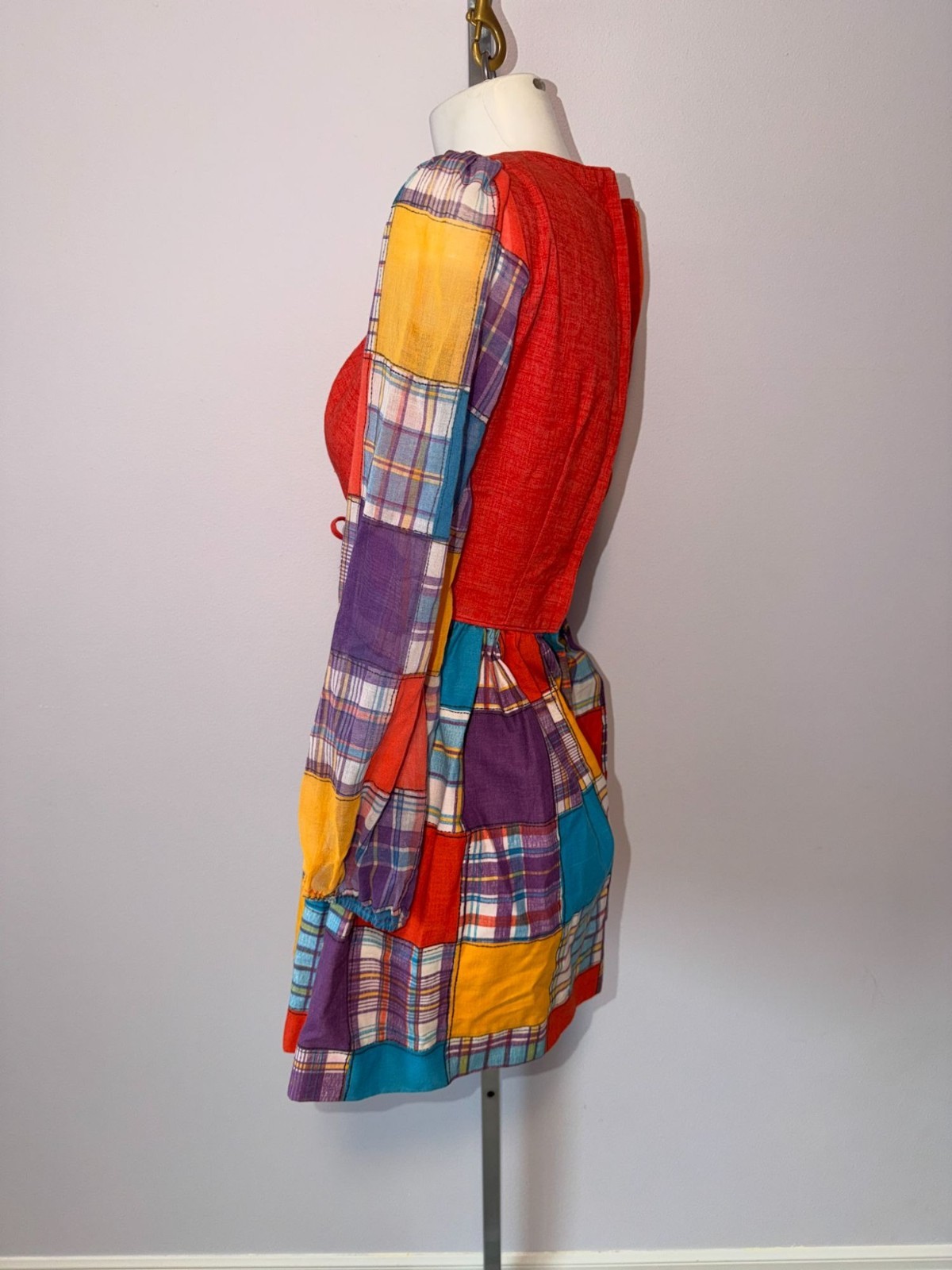 Vintage 70s Patchwork Plaid Micro Mini Dress Faux Vest Red Babydoll XXS/XS