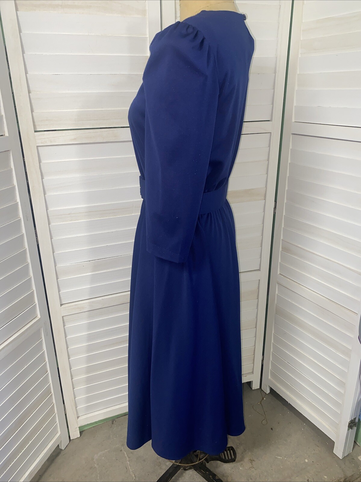 Vtg 80s Whirlaway Frocks Navy 3/4 Sleeves Pleated Belted Fit & Flare Dress Sz 10