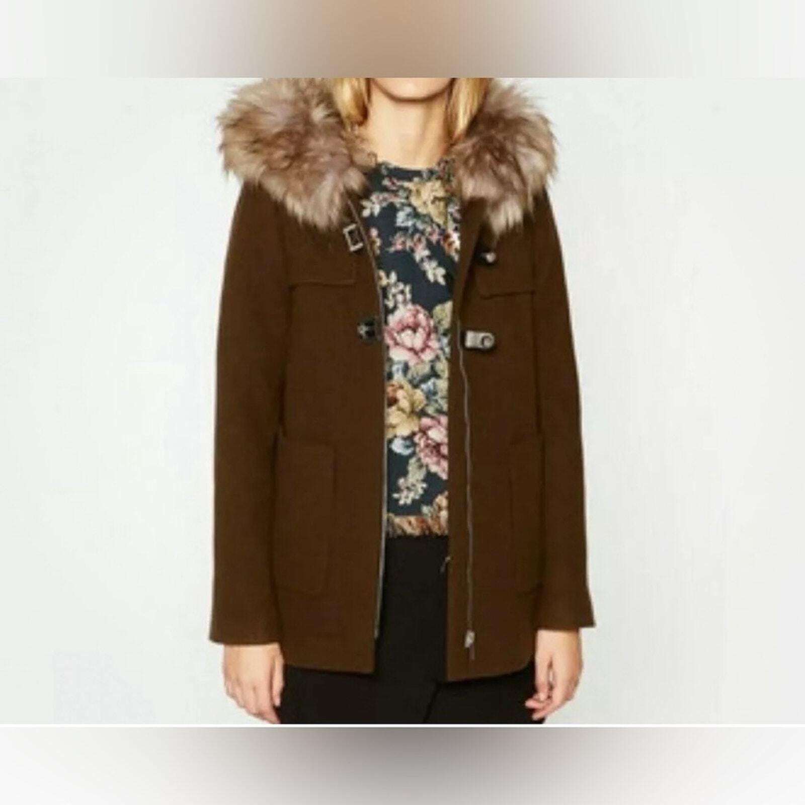 ZARA khaki army green faux fur trim hood duffle coat size XS