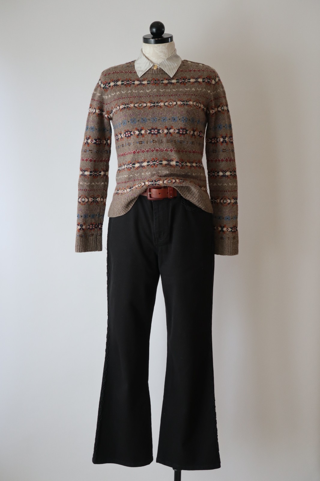 Ralph Lauren Beige Wool Cashmere Fair Isle Crewneck Handknit Sweater Women XS S