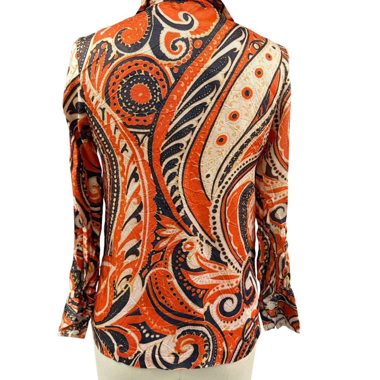 Authentic VTG 70s Russ Blouse 10/32 Abstract Floral Crinkled Nylon Huge Collar