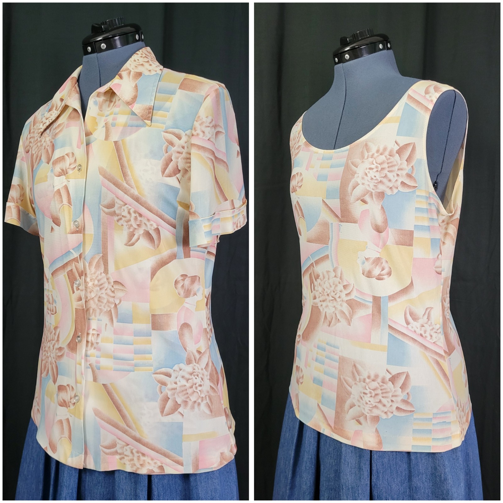 Vintage Shell & Button Down Top Set in Pastel Pink/Blue/Cream/Tan Size 15/16