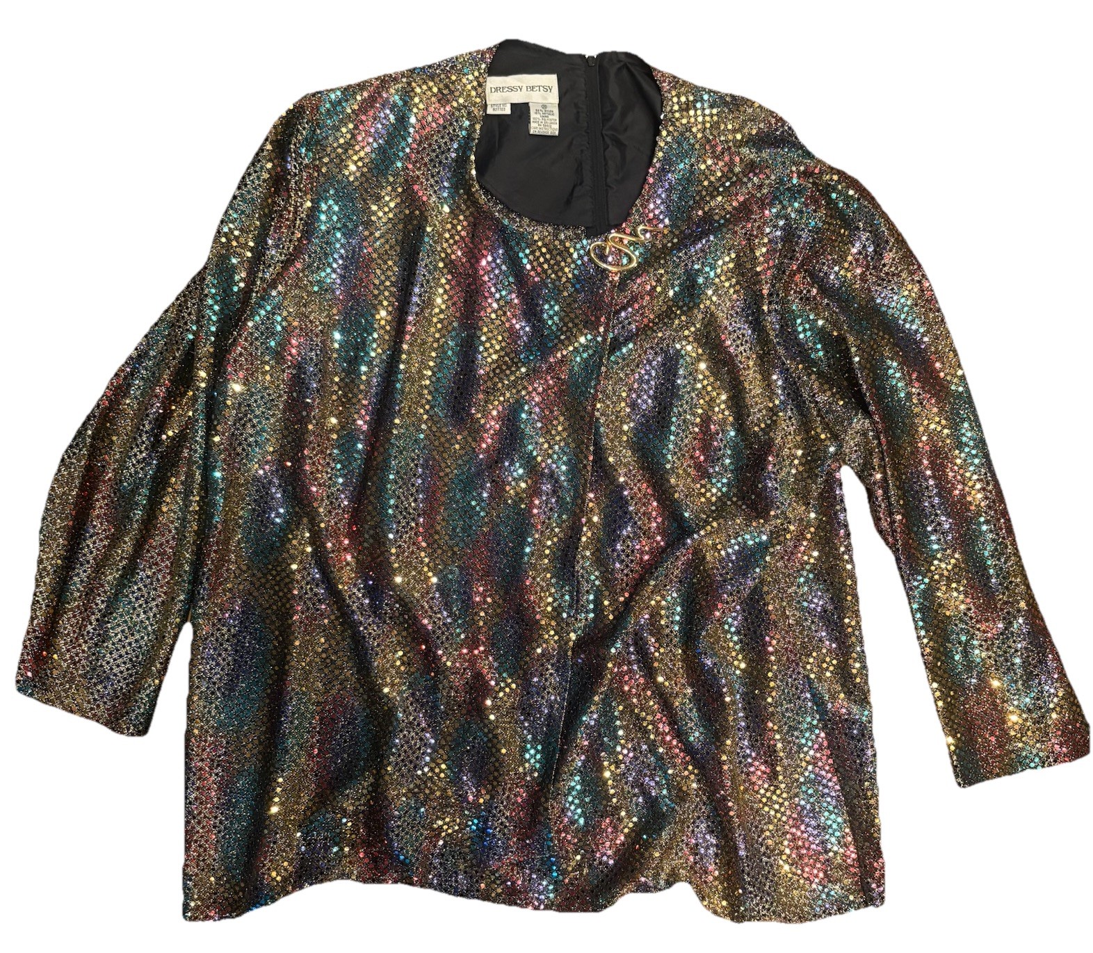 Vintage Sequin Shirt Women’s 2X Disco Shoulder Pads Gold Pin Embellishment 80s