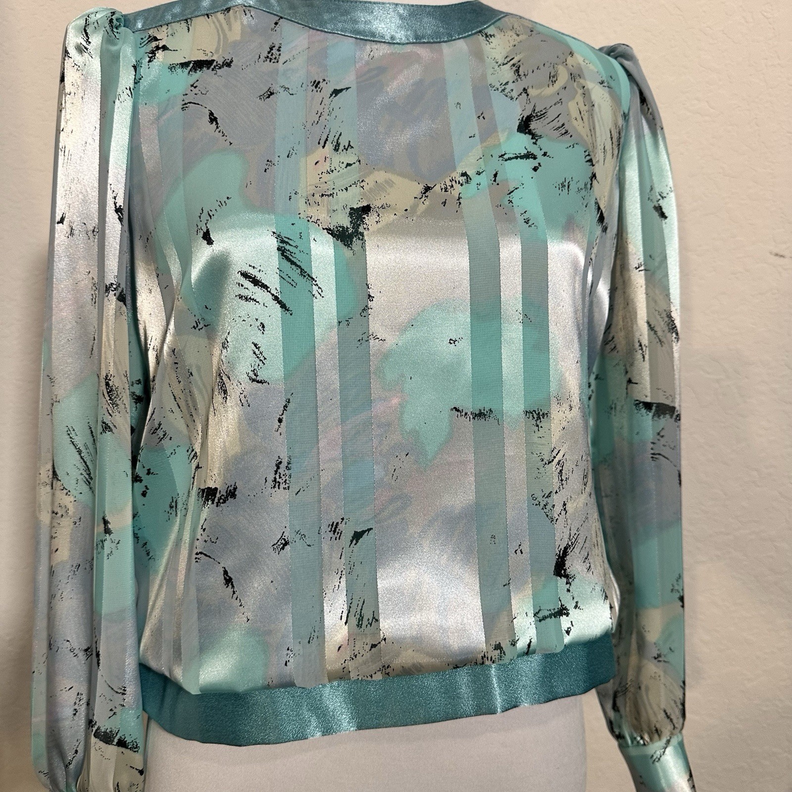 VTG 80s Mavinette Metallic Blouse Sz 8 Aqua Silver Lame Puff Sleeve Disco Glam