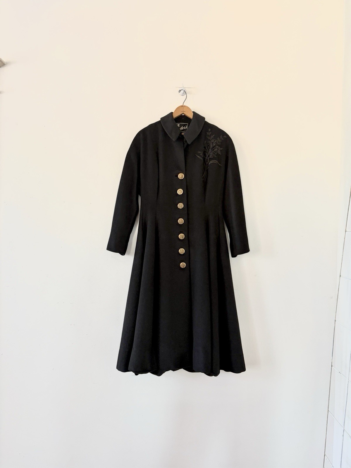 Vintage 1950s Black Wool Swing Coat Dress Princess Line Appliqué Formal New Look