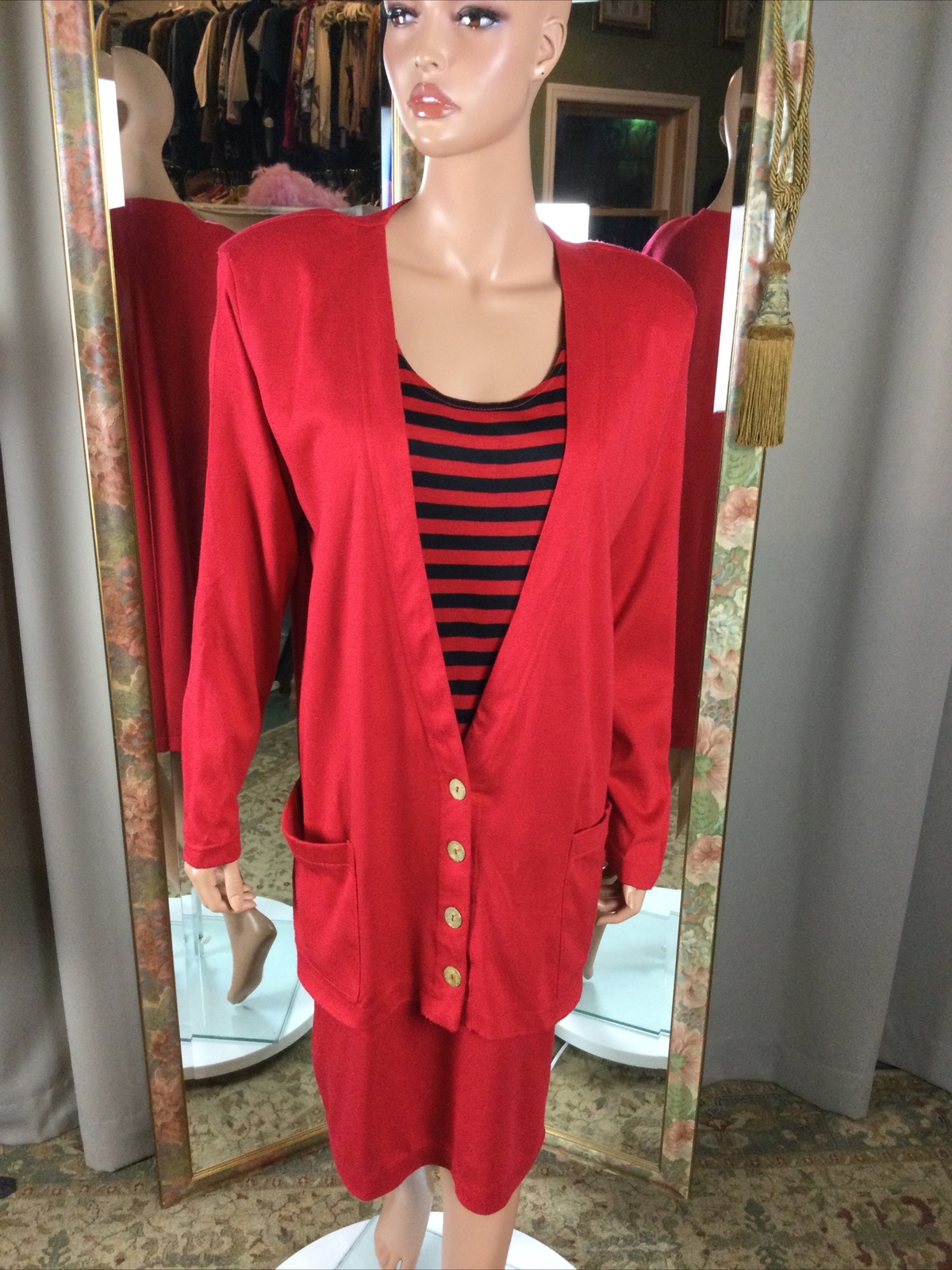 Vintage California Gold Rush Red & Black Strip Knit Dress Sz 16 Bust 46” Pockers