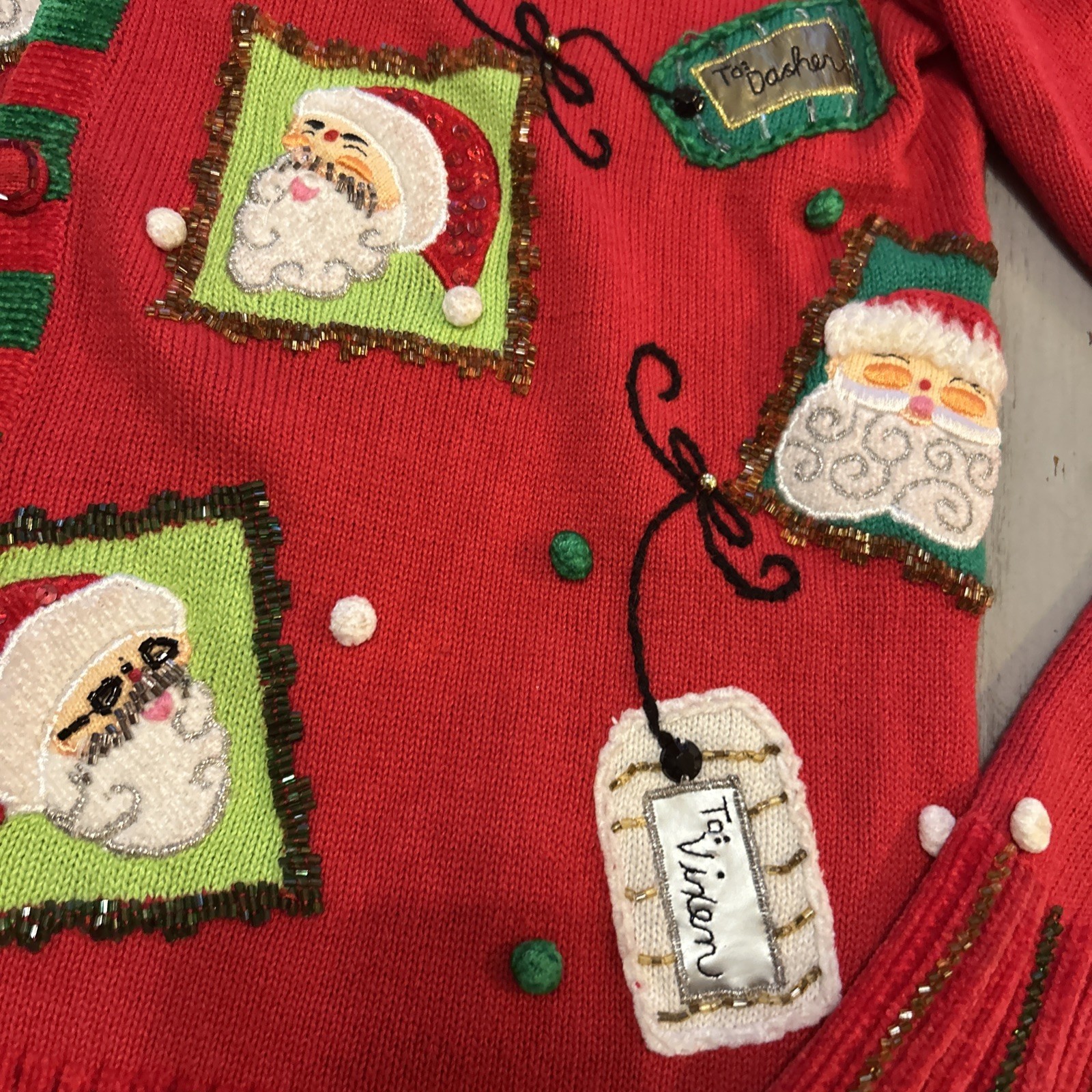 Berek Red Green Christmas Santa Reindeer Gift Tags Beaded Pom Poms Cardigan Sz M