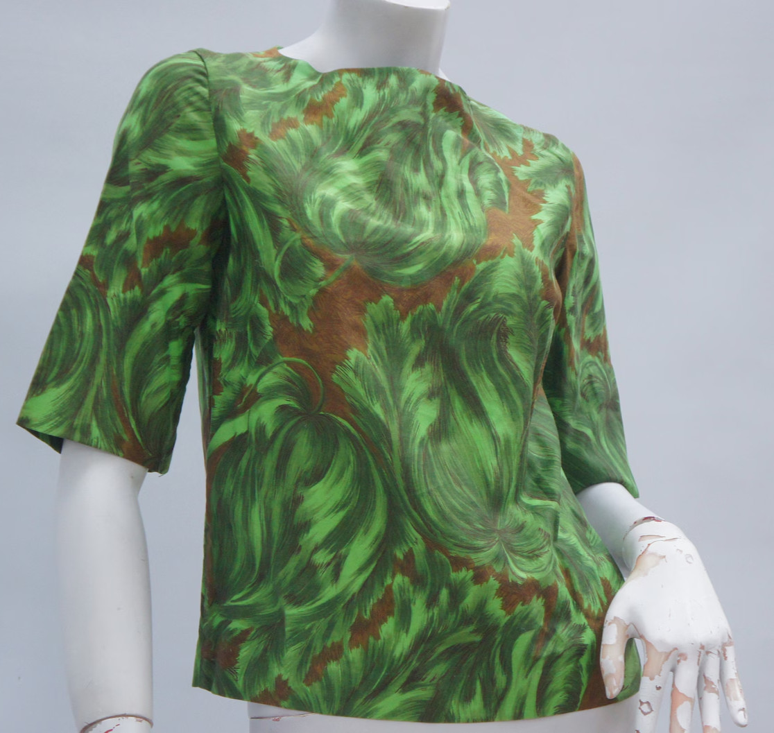 Vintage 50s Green Abstract Print Fitted Blouse Top Boho Hippie Retro Mid Century