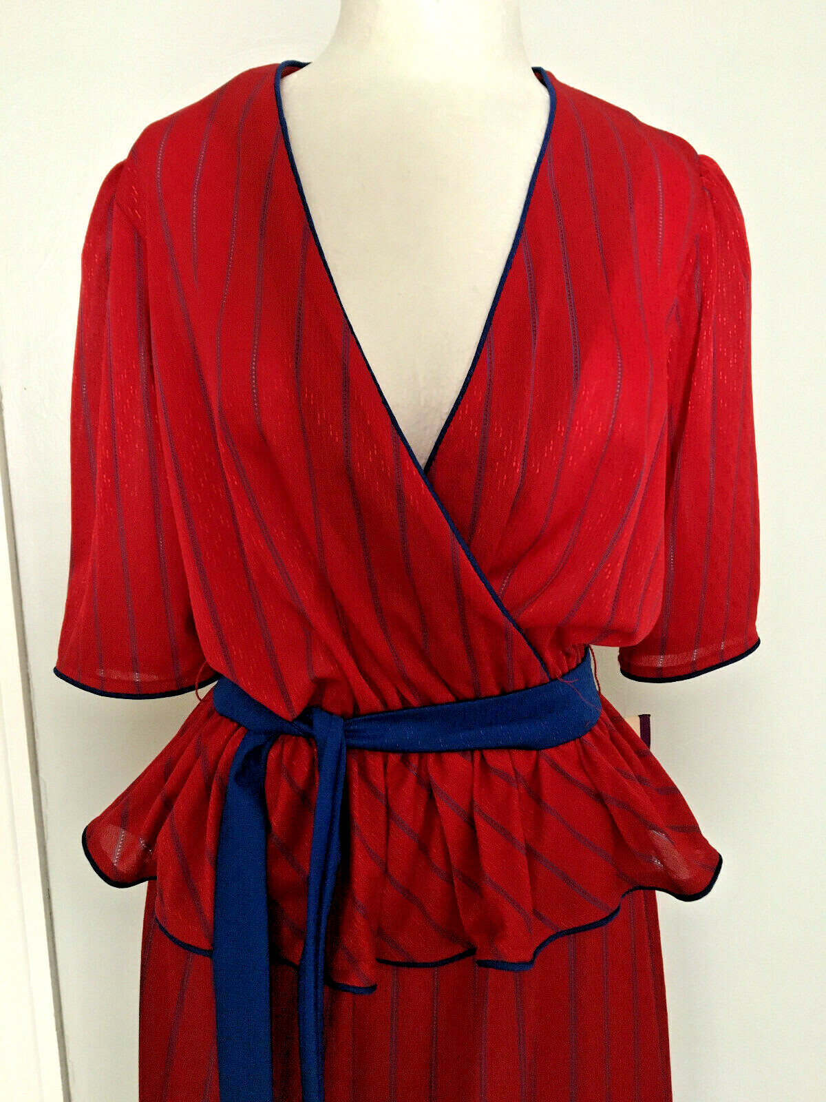 Vintage Womens Another Goody Red & Blue Striped Peplum Dress Size 10 NWT