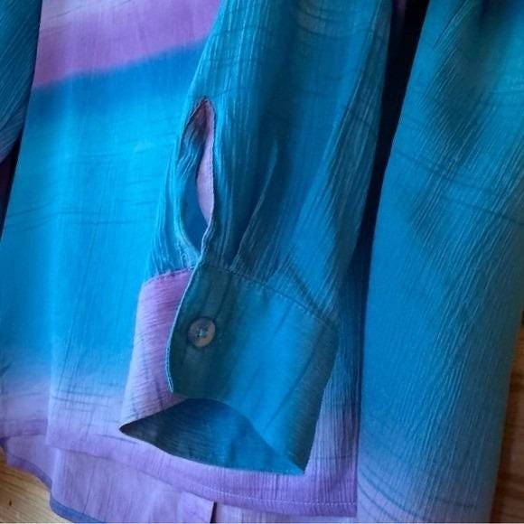 VTG 90s Patchington Blouse Silk Blue Purple Shoulder Pads Medium Petite Blanche