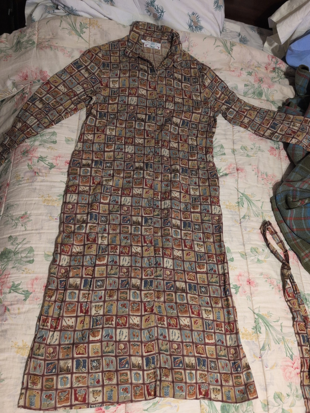 Vintage 1990s Orvis Size 14 Fall Garden Patchwork Belted Shirt Dress CottageCore