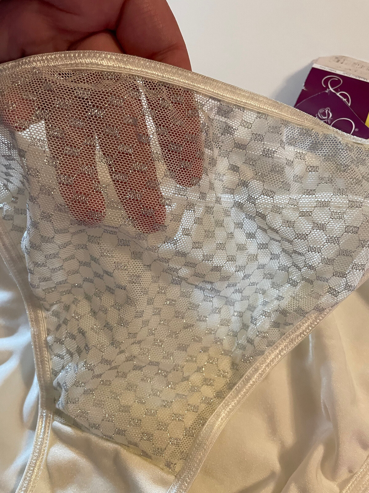 Vntg Illusion White Silver Sheer Double Nylon String Bikini Panties L Sparkly Ne